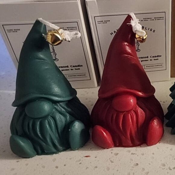 Holiday Themed Red Green Gnome Shaped Handmade Scented Beeswax Soy wax Candles - Picture 2 of 2